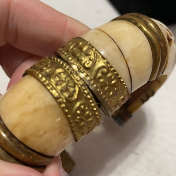 Antique Afghani Bone, Brass, Wood bracelet with pin latch 7” - Picture 10 of 13